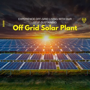 Solar panels in a field with a sunset background promoting off-grid living.