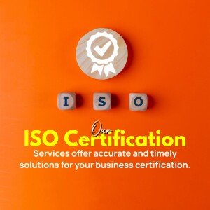 ISO Certification badge with wooden blocks spelling ISO and text about certification services