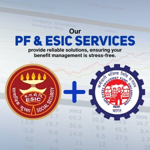 Image depicting PF and ESIC services with logos and financial charts.
