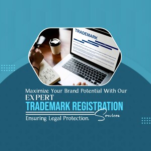 Image depicting trademark registration services with a laptop, notebook, and coffee cup.