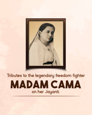 Portrait of Madam Cama with text commemorating her birth anniversary