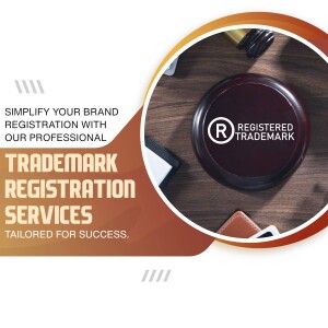 Image promoting trademark registration services with a gavel and trademark symbol.