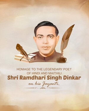 Portrait of Shri Ramdhari Singh Dinkar with quill and books