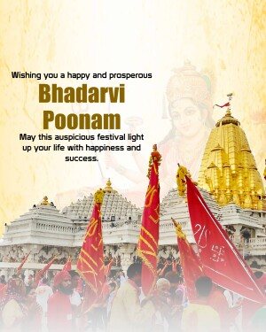 Bhadarvi Poonam festival greeting with temple and flags