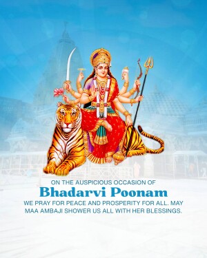 Image of Goddess Amba riding a tiger with text 'Bhadrvi Poonam'