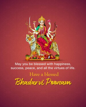 Image of Goddess Durga riding a tiger with text wishing a blessed Bhadarvi Poonam