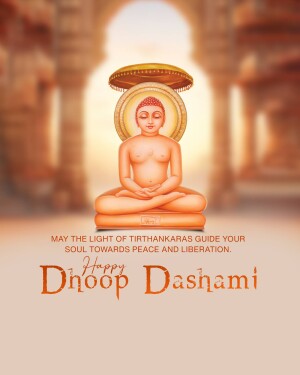 Image of Mahavir Swami in a meditative pose with a Dashami greeting.