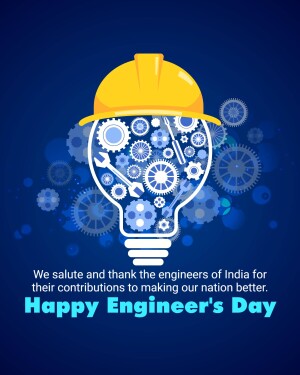 Illustration of a lightbulb filled with gears and tools, topped with a yellow hard hat, with text celebrating Engineer's Day in India.
