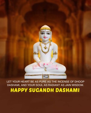 White marble statue of a Jain Tirthankara in a meditative pose with a festive greeting.