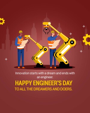 Illustration of engineers working with robotic arms in front of a cityscape, celebrating Engineer's Day.