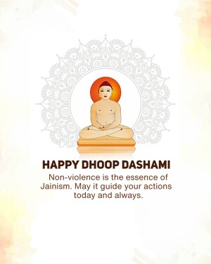 Image depicting Lord Mahavira in a meditative pose with a decorative background and text wishing 'Happy Dhoop Dashami'