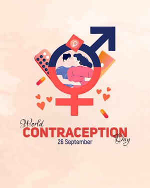 Illustration for World Contraception Day featuring gender symbols and contraception methods.