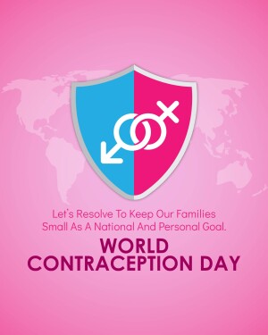 Shield with gender symbols and world map background promoting World Contraception Day