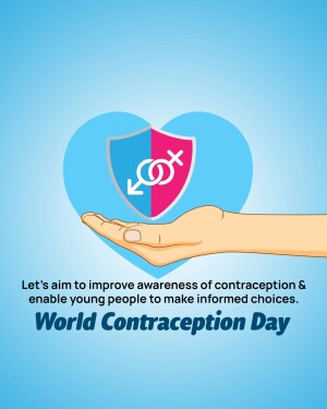 Illustration of a hand holding a heart-shaped shield with male and female symbols, promoting contraception awareness.