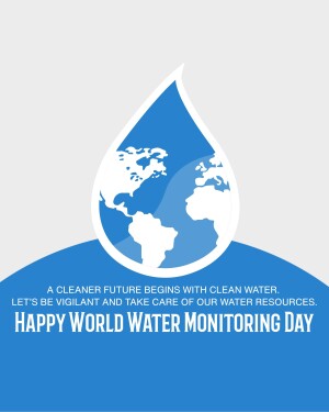 Image depicting a water droplet containing a world map with text promoting clean water and World Water Monitoring Day.