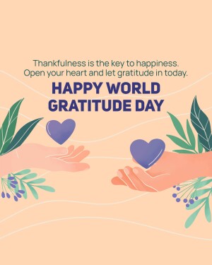 Illustration of hands offering hearts with text 'Happy World Gratitude Day'