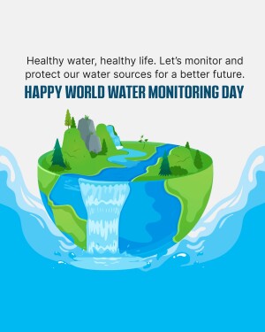 Illustration of a globe with a waterfall and lush greenery, promoting water monitoring and protection.