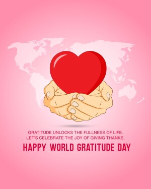 Hands holding a red heart with a world map background and text 'Happy World Gratitude Day'