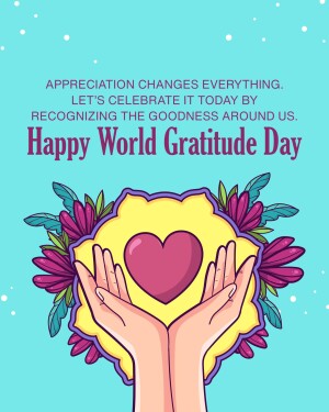 Illustration of hands holding a heart with floral decorations and text celebrating World Gratitude Day.