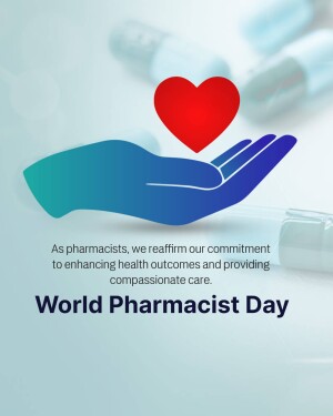 A hand holding a red heart with medical pills in the background, celebrating World Pharmacist Day.