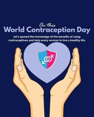 Illustration of hands holding a heart-shaped shield with contraceptive symbols, promoting World Contraception Day.