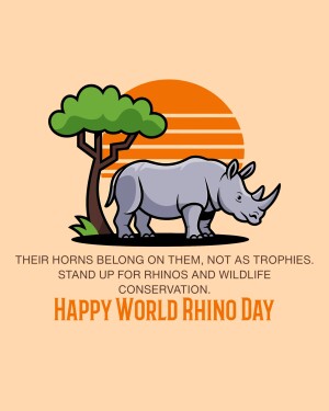 Illustration of a rhino with a sunset background and conservation message.