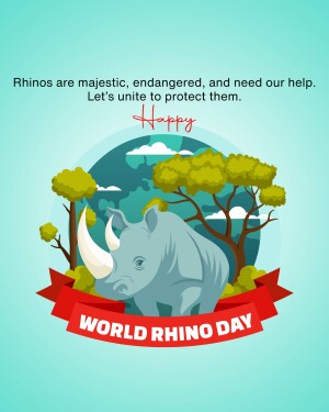 Illustration of a rhino in front of a globe with trees, promoting World Rhino Day.