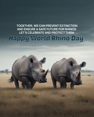 Two rhinos in a grassy field with text promoting rhino conservation.