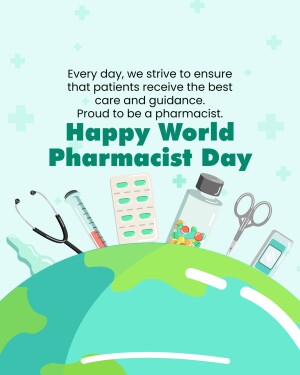 Illustration for World Pharmacist Day featuring medical supplies and a globe.