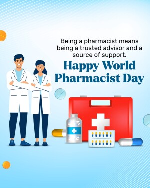 Illustration of a male and female pharmacist with medical supplies, celebrating World Pharmacist Day.