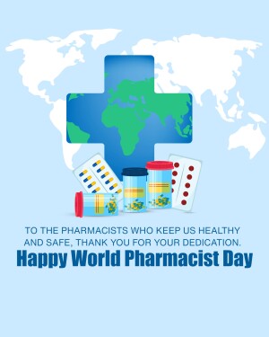 World Pharmacist Day graphic with a medical cross and pills