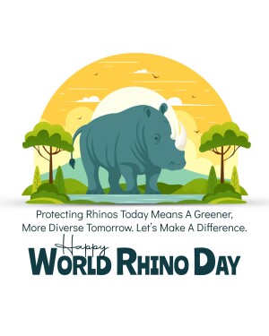 Illustration of a rhino in a savanna landscape with text celebrating World Rhino Day.