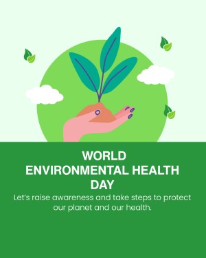 Illustration of a hand holding a seedling with the text 'World Environmental Health Day'