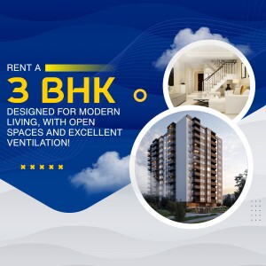 Advertisement for a 3 BHK apartment with modern design and open ventilation.