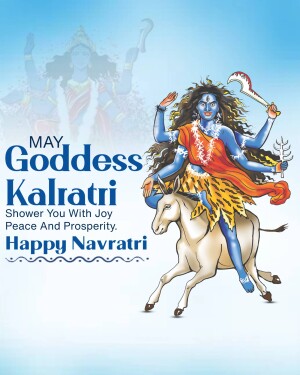 Illustration of Goddess Kalratri riding a buffalo, with text 'May Goddess Kalratri Shower You With Joy Peace And Prosperity. Happy Navratri'