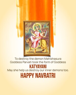 Image of Goddess Katyayani riding a lion, with Navratri greetings.