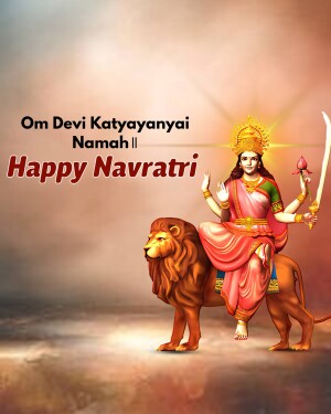 Image of Goddess Katyayani riding a lion with 'Happy Navratri' text