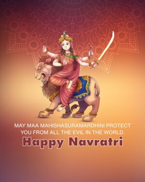 Illustration of Goddess Durga riding a lion with a sword, wishing Happy Navratri.