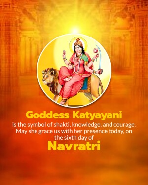 Image of Goddess Katyayani riding a lion, with text celebrating Navratri