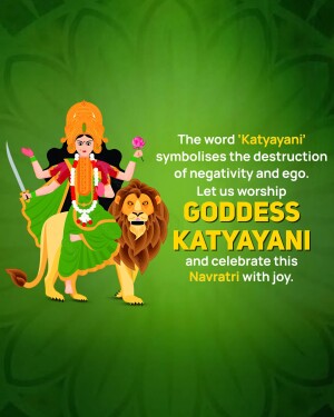 Image of Goddess Katyayani riding a lion, with text wishing a happy Navratri.