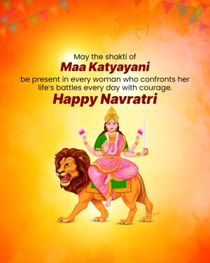 Image depicting Goddess Katyayani riding a lion with a Navratri greeting.