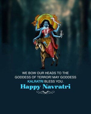 Image of Goddess Kalratri riding a donkey with a text overlay wishing Happy Navratri.