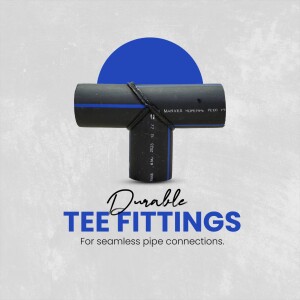 Black plastic tee pipe fitting with blue background and text 'Durable Tee Fittings'