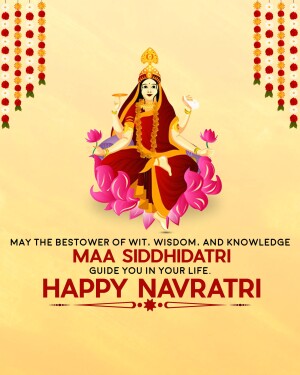 Illustration of Goddess Siddhidatri with lotus flowers and Navratri greetings.