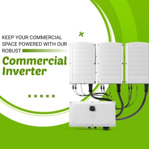 Three commercial inverters with green and white background