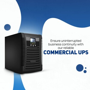 Black commercial UPS with a digital display, ensuring uninterrupted power supply.