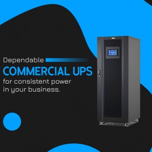 Black commercial UPS with blue accents and text promoting consistent power for businesses.