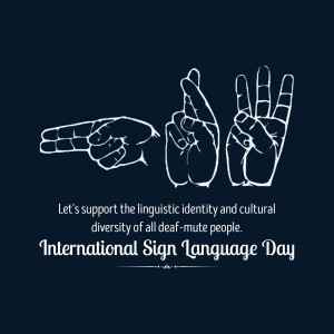 Illustration of hands forming sign language gestures with text promoting linguistic diversity for the deaf-mute community.