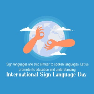 Illustration of hands forming sign language gestures around a globe with clouds, promoting International Sign Language Day.