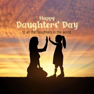 Silhouette of a mother and daughter giving each other a high five against a sunset background with the text 'Happy Daughters' Day'